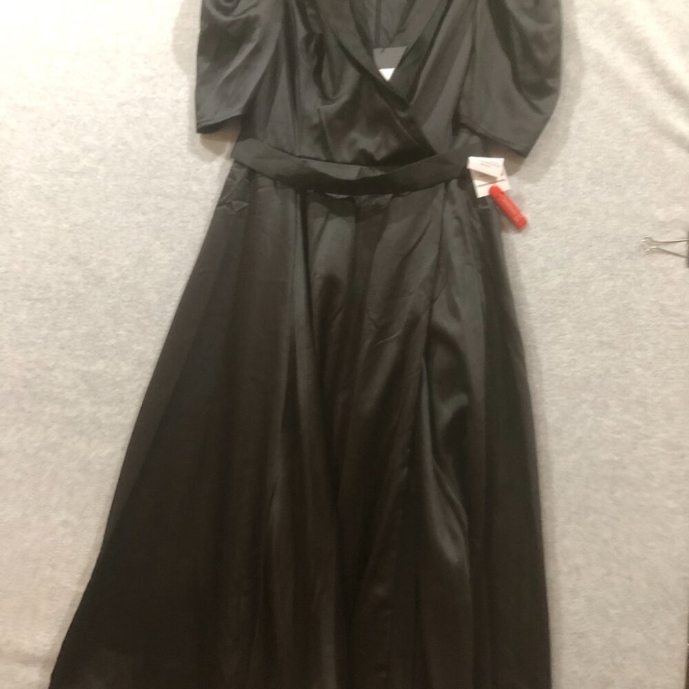 NEW | Mac Duggal 26628 Black Satin Lapel Puff Sleeve Tea Length Dress 8 - Picture 5 of 5